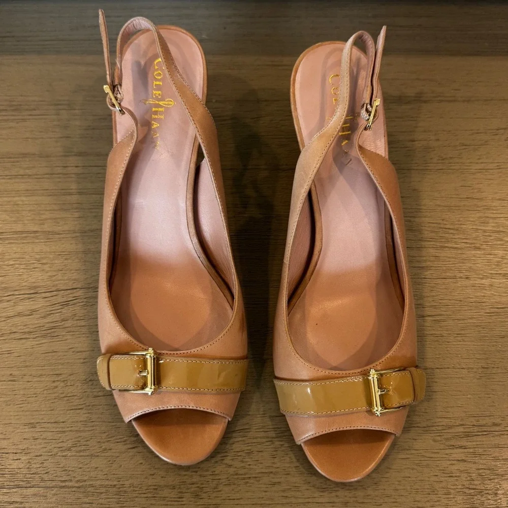 Cole Haan Women 10 B Beige Leather Slingback Peep Toe Kitten Heel Comfort Career